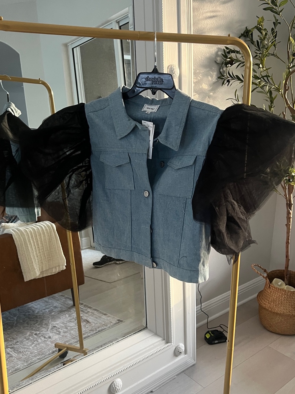 Denim Crop Jacket with Sheer Black Puff Sleeves
